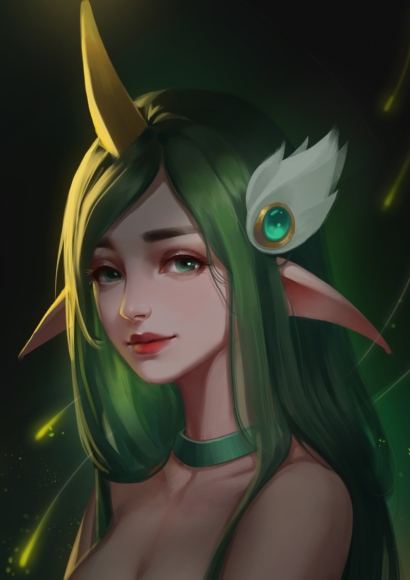 portrait display, pointy ears, Soraka (League of Legends), green eyes, 2K, artwork, Jingwen Lin, women, necklace, Video Game Art, fantasy girl, looking at viewer