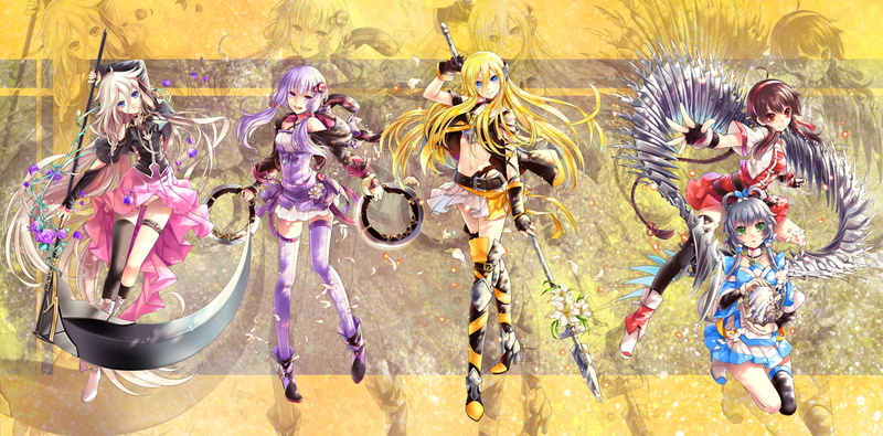 lance, purple hair, Lily (Vocaloid), scythe, lilies, grey hair, Yuezheng Ling, Yuzuki Yukari, purple eyes, IA (Vocaloid), red eyes, white hair, short skirt