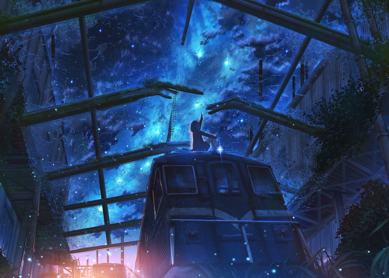 Train, Anime, Sky, 2K, Starry Sky, Original, Night
