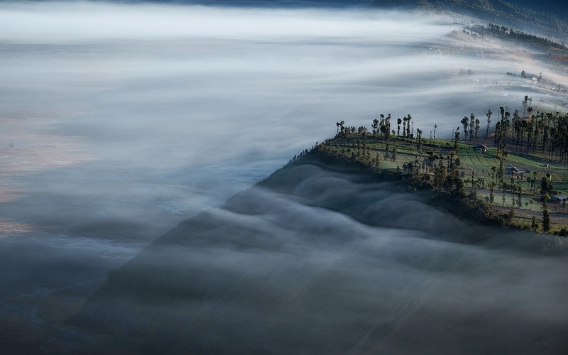 non-urban scene, Mount Bromo, village, power in nature, reflection, 480P, land, built structure, sky, scenics - nature, Indonesia, no people, Morning