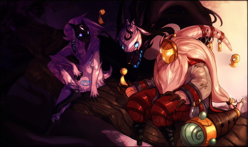 bed, skill, illuminated, Video Game, lighting equipment, Wolf, Lamb, 1080P, women, indoors, lying down, League Of Legends, characters, Kindred (League of Legends)