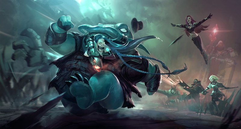 Jinx (League of Legends), indoors, futuristic, Katarina the Sinister Blade, holding, League of Legends, digital composite, Tahm Kench (League of Legends)