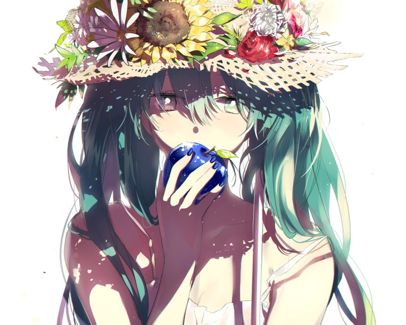 miku, twintails, anime girls, front view, one person, Vocaloid, illustration, studio shot, anime, apples, flowering plant, nature, day, unrecognizable person