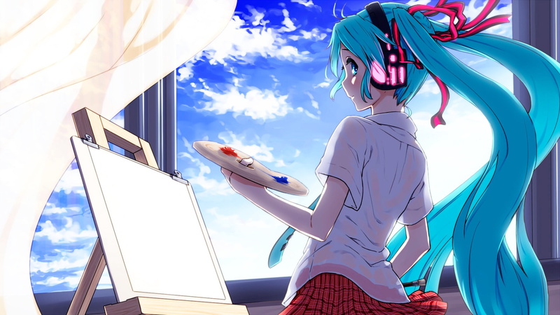 illustration, hatsune, blue, business, females, architecture, women, fashion, sunlight, nature, painter, standing, vocaloid, sky, cloud - sky, people, young Adult