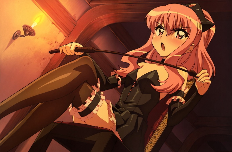 Chair, human representation, haired, character, Zero No Tsukaima, pink, illustration, 1080P, Sitting, Thigh Highs, playing, low angle view, musical equipment