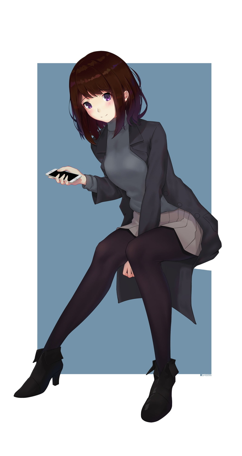 brunette, gray, illustration, beautiful woman, full length, jacket, technology, shoe, woman, one person, beauty, purple eyes, young women, businesswoman
