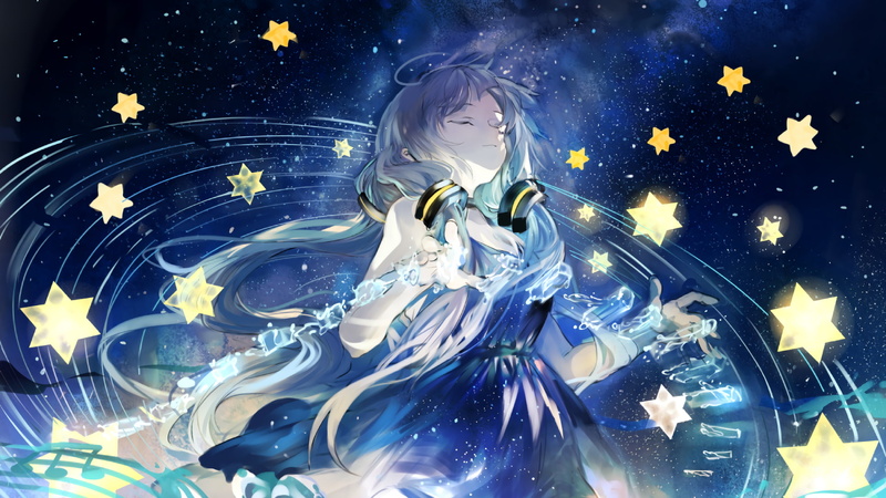 space, Vocaloid, 1080P, anime girls, long hair, stars, white hair, galaxy