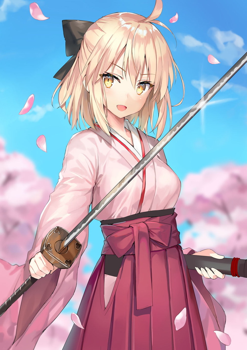 portrait display, clouds, Souji Okita (Fate), short hair, vertical, blonde, green eyes, digital art, 720P, anime, Fate/Grand Order, open mouth, FGO, sky