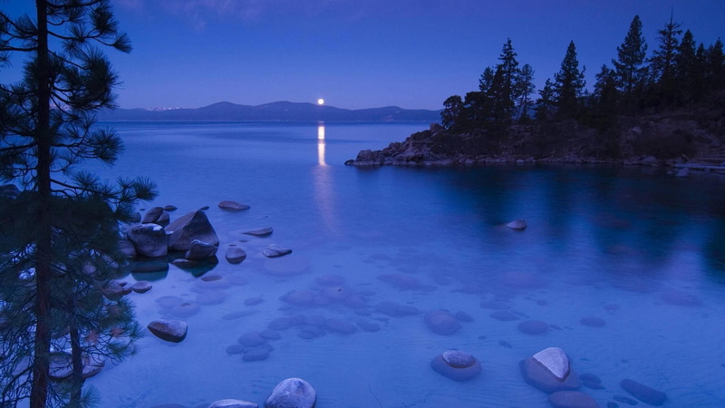 rock, secret, mountain, lake, moon, cove, 1080P, water, trees, nature, moonlight, tahoe, night, california, 3d and abstract