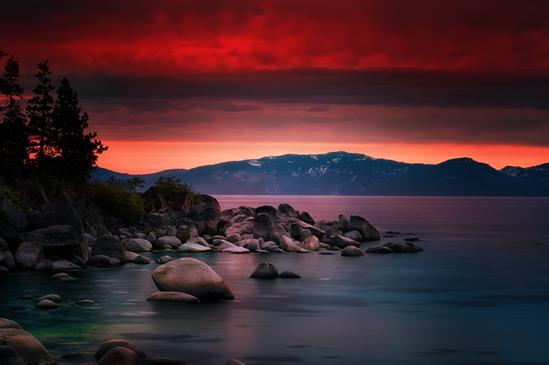 scenics, reflection, shore, rocky, water, 8K, mountain, nature, beauty In Nature, sky, photo, tahoe, landscape, outdoors, rocky shore, lake, sunset, Dusk