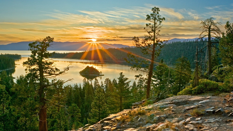 lake, 1080P, art, hd, x, lakes, sunrise, nature, islands, tahoe