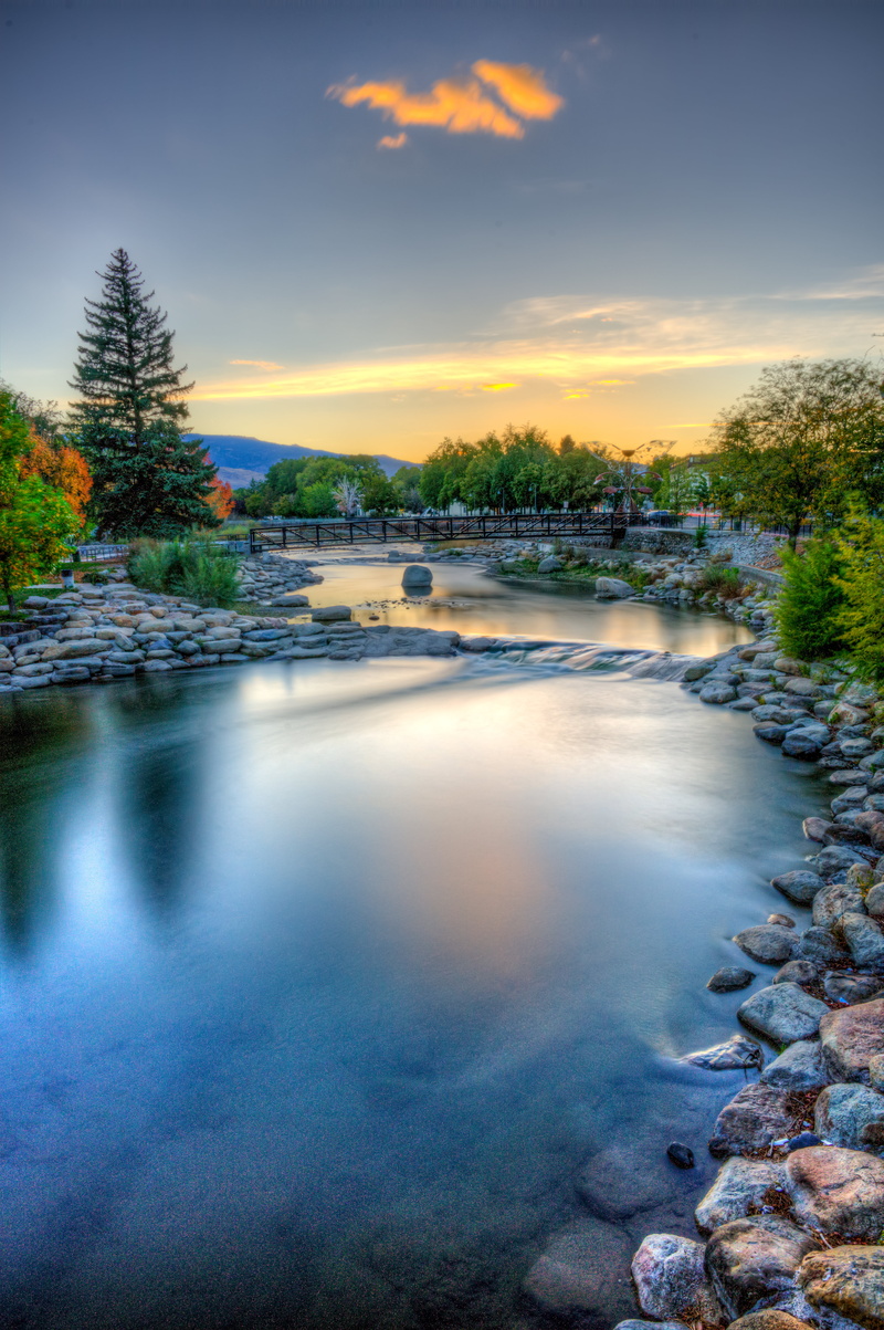 tree, reflection, Walk in, long exposure, Truckee River, outdoors, river, forest, Reno, reno, water, river  Reno, bridge, 8K, landscape, sunset, nature