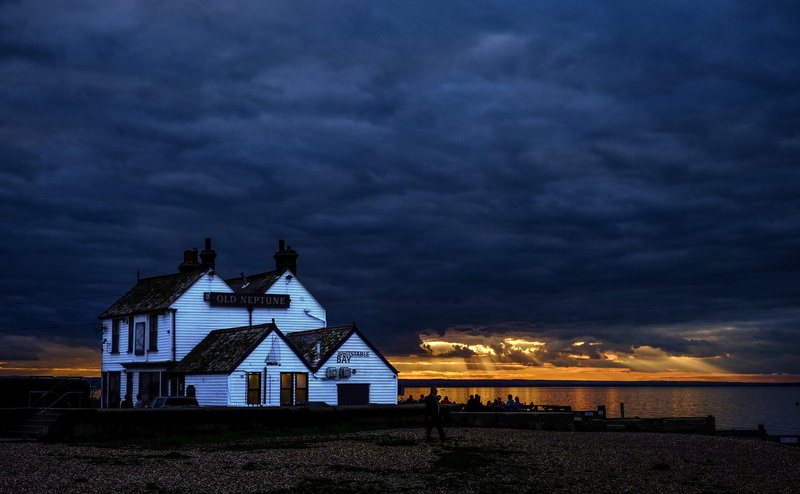 building, storm, sunset, coastline, brown, clouds, building exterior, water, nature, uk, dark, land, pub, beach, sky, chimney, built structure, night, golden
