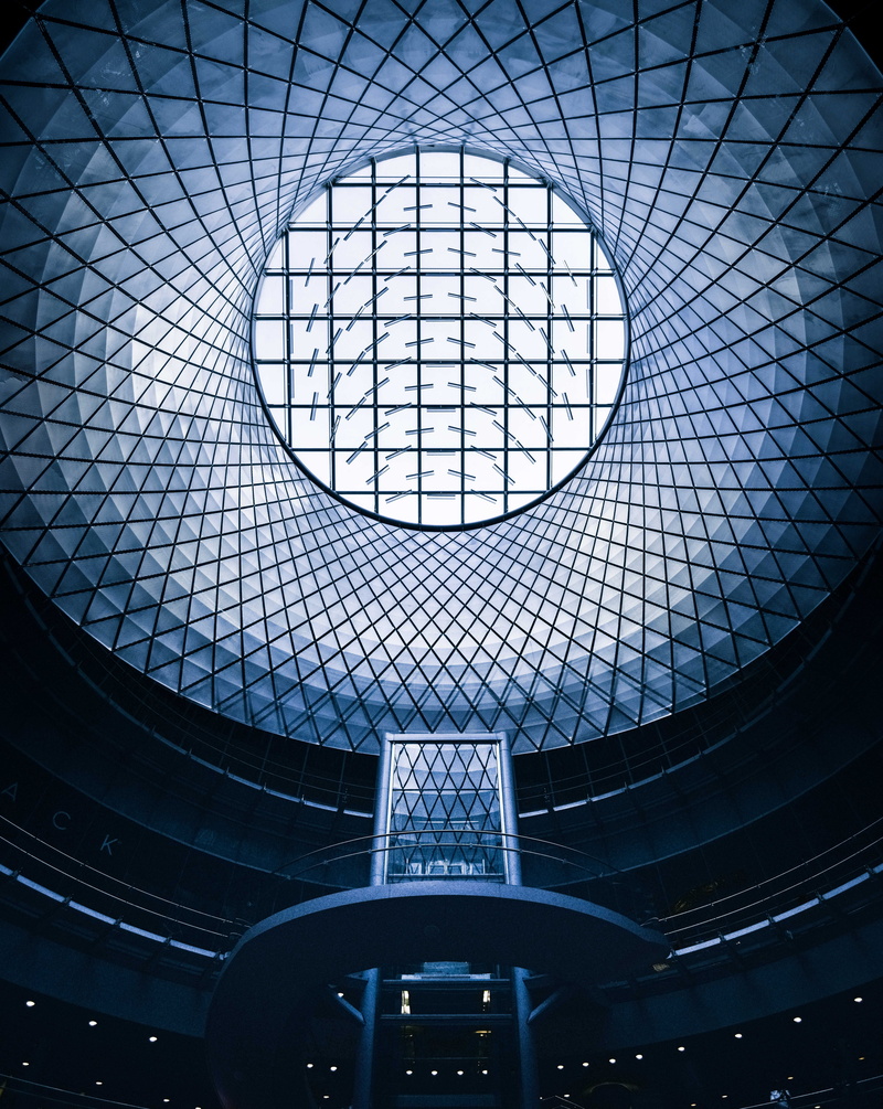 geometric shape, built structure, inside, building, glass, stairway, low angle view, skylight, geometric dome, staircase, dome, 5K, indoors