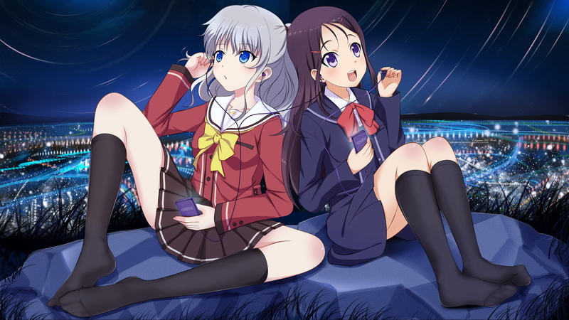 Purple Eyes, Nao Tomori, Purple Hair, Blush, Sitting, Smile, 1080P, Charlotte (Anime), School Uniform, White Hair, Skirt, bow (Clothing), Anime, Ayumi Otosaka