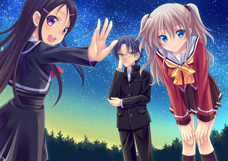 togetherness, standing, sky, holding, women, mask - disguise, three, disguise, emotion, men, adult, mask, costume, nature, Joujirou Takajou, Anime, Charlotte (Anime)