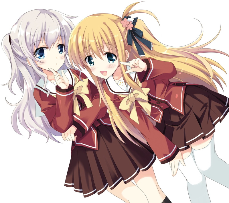 Yusa Nishimori, temptation, Charlotte, cut out, girl, costume, bow (Clothing), Thigh Highs, Smile, creativity, school, Blonde, white background, close-up