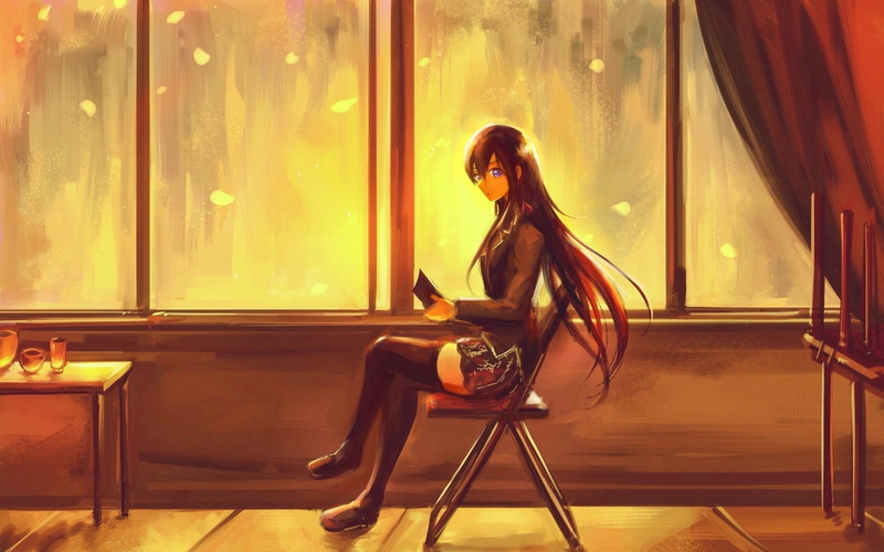 Skirt, Glass, My Teen Romantic Comedy SNAFU, Anime, Curtain, Book, Table, 1080P, Chair, Thigh Highs, Sitting, Brown Hair, Yukino Yukinoshita, Window, Blue Eyes