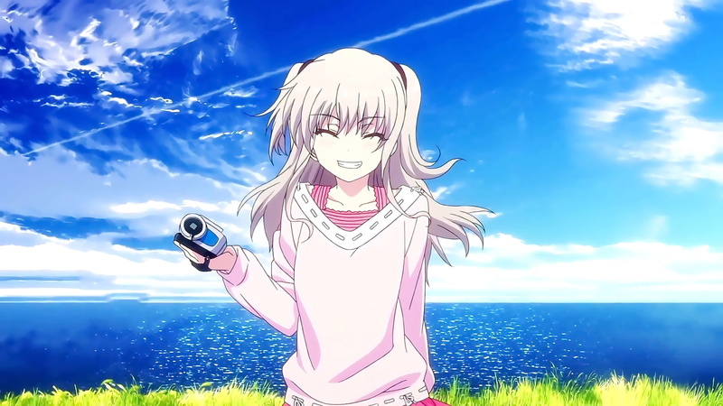 1080P, sea, water, sky, clouds, closed eyes, blonde, Charlotte (anime), anime girls, silver hair, Tomori Nao, anime, smiling