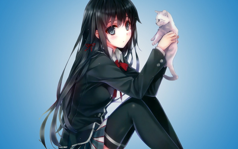 long hair, blue, beauty, gray eyes, fashion, lifestyles, stockings, thigh-highs, sunglasses, hairstyle, blue background, anime, real people, adult, Yukinoshita Yukino