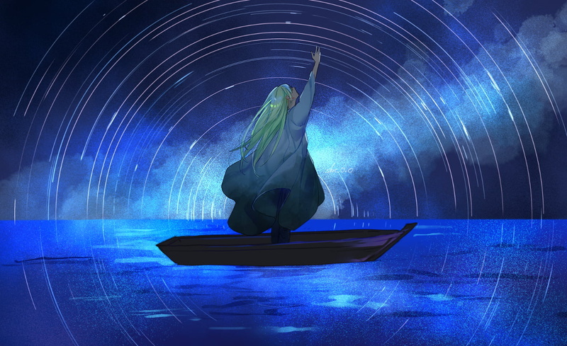 night, aurorae, atlantic ocean, boat, Fate/Grand Order, sea, FGO, green hair, 720P, Fate Series, 2D, long hair, fan art, anime boys, Enkidu (FGO), arms