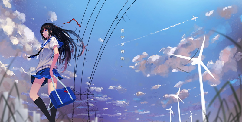 anime, women, beauty, excitement, nature, hair, adult, anime girls, blue, clothing, one person, knee-highs, long hair, hairstyle, sky, clouds, cloud - sky