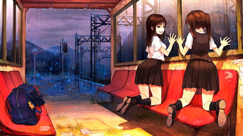 original characters, looking away, anime girls, school uniform, short hair, rain, anime, long hair, 1080P, brunette