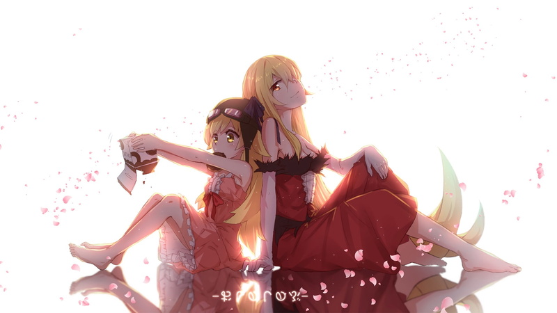 1080P, Barefoot, Sitting, Dress, two, Blonde, Kiss-shot Acerola-orion Heart-under-blade, Red Dress, Monogatari (Series), Pink Dress, Long Hair