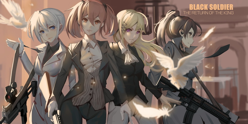 brown eyes, blonde, anime girls, short hair, feathers, purple eyes, white hair, 2K, long hair, Black Soldier, weapon, blue eyes, gun, anime, brunette
