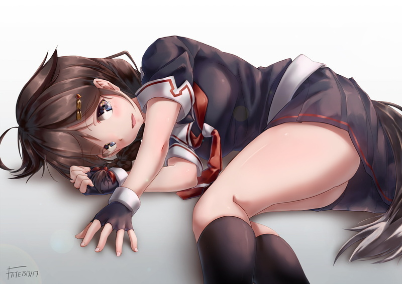 anthropomorphism, brunette, school uniform, blue eyes, gloves, blushing, white  background, skirt, long hair, knee-highs, Shigure (KanColle), Kantai Collection