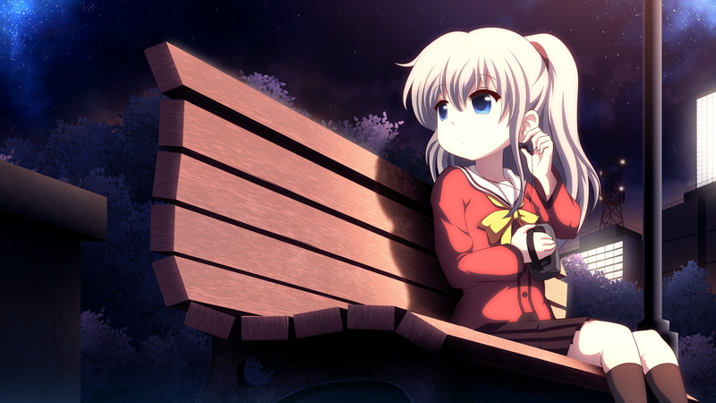 blue eyes, knee-highs, ponytail, park, anime, anime girls, headphones, Tomori Nao, night, white hair, school uniform, 4K, Charlotte (anime), bench