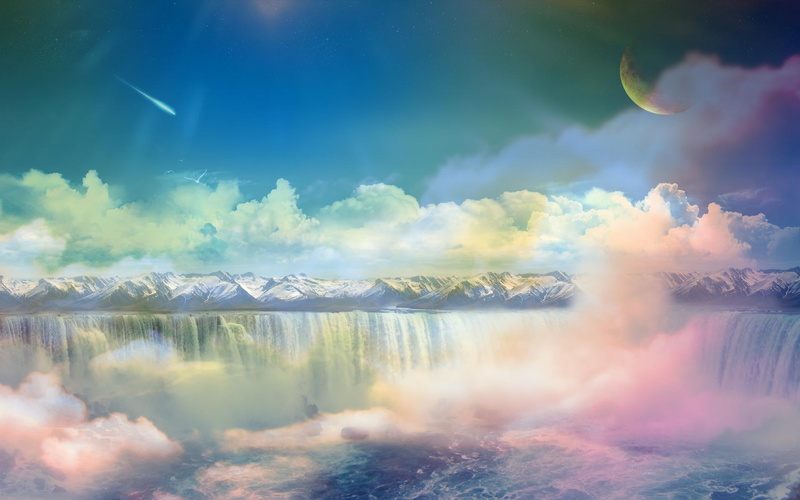 waterfalls sky, 1080P, moons, 3d and abstract, moon, lakes, meteorites, clouds, 3d, mountains