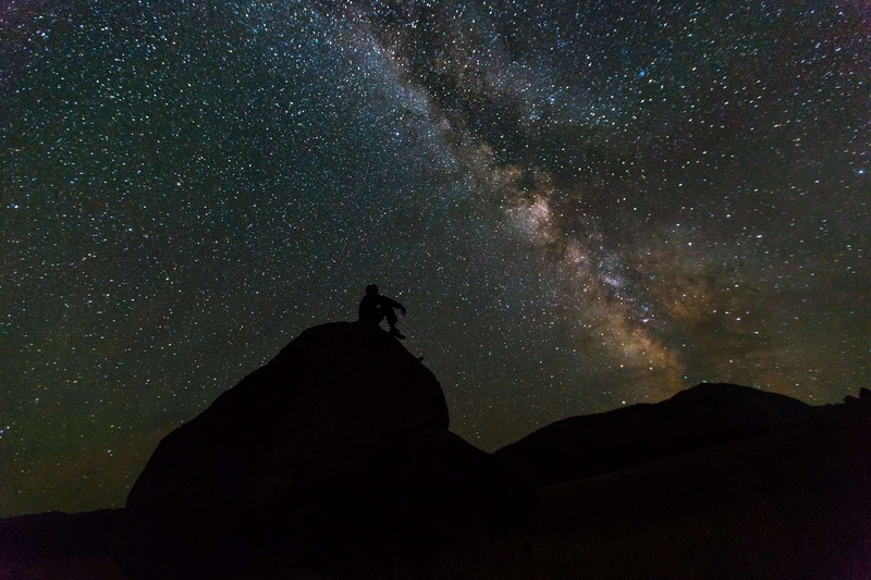 astronomy, 1080P, milky way, dark, star field, solo, space, star, sky, scenics - nature, mountain, stars, galaxy, low angle view, night, cosmos, one person