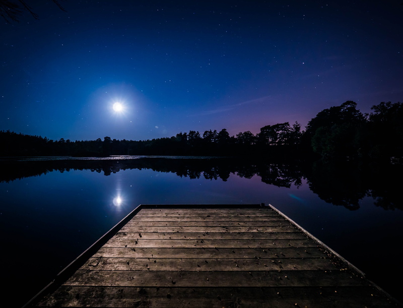 dark, wood - material, star - space, river, outdoors, tranquil scene, star field, star, tree, moon, space, night, scenics - nature, moonlight, sky, evening