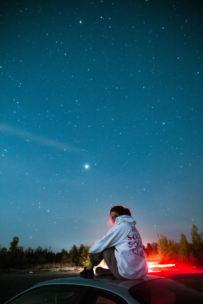 night, roof, travel, person, outdoors, star - Space, 5K, nature, forest, sky, car, tree, milky Way, stargazing, star, hoodie, woman, girl, landscape, space