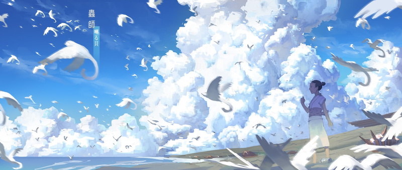 one person, flying, 1080P, adult, standing, women, occupation, tank, blue, day, cloud - sky, sunlight, young adult, Mushishi, three quarter length, birds