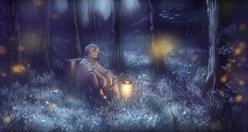 forest, grass, 1080P, male, hair, tree, chevasis, short, night, 虫师, ginko, mushishi, white