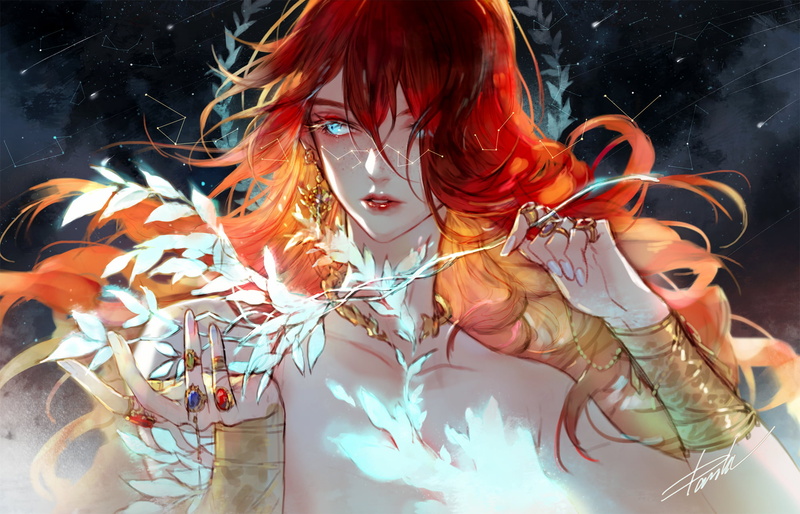 long nails, clouds, starfall, necklace, plants, redhead, earring, aqua eyes, rings, stars, digital art, fantasy girl, 1080P, sky