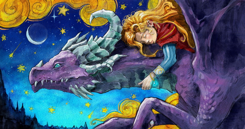 purple skin, Fly, stars, starfall, women, Moon, 8K, fairy tale, sleeping, watercolor, dragon, enjoying, sky, horns, clouds, blonde, drawing, artwork, cartoon