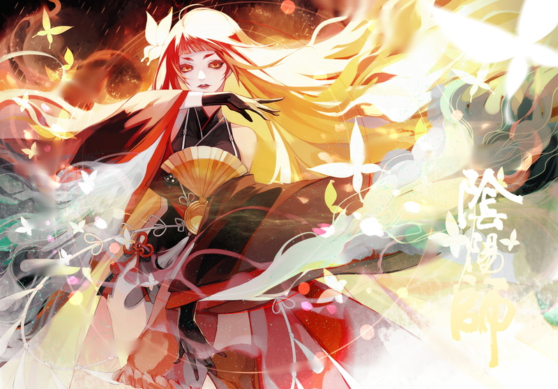 anime, stars, red eyes, petals, hand fan, black gloves, flowers, butterfly, kimono, starfall, redhead, 2K, looking at viewer, long hair, anime girls