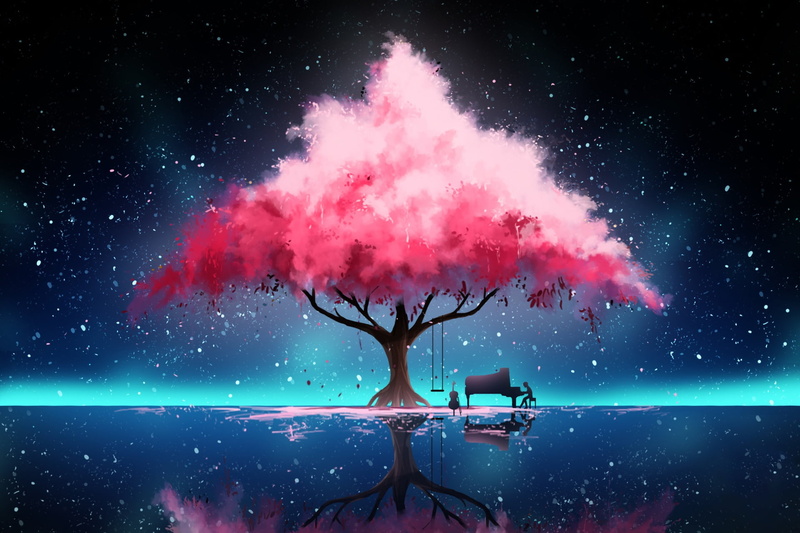 Art, Fantasy, by Hinkos Eigeiter, Music, Hinkos Eigeiter, 1080P, Tree, Reflection, Concept Art, Stars, Night, Shigatsu Wa Kimi No Uso, Pianist