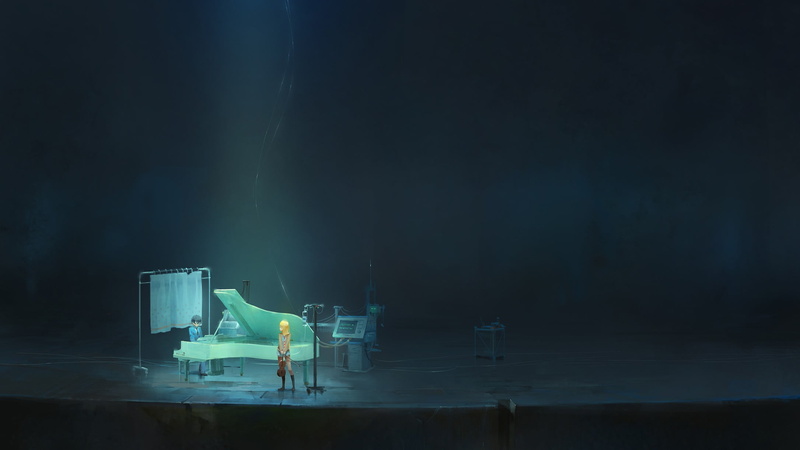 water, absence, lighting equipment, anime, blue, illuminated, dark, light - natural phenomenon, no people, couple, stage, sadness, arts culture and entertainment