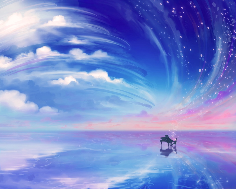 Shigatsu wa Kimi no Uso, sky, piano, digital art, 4K, clouds, fantasy art