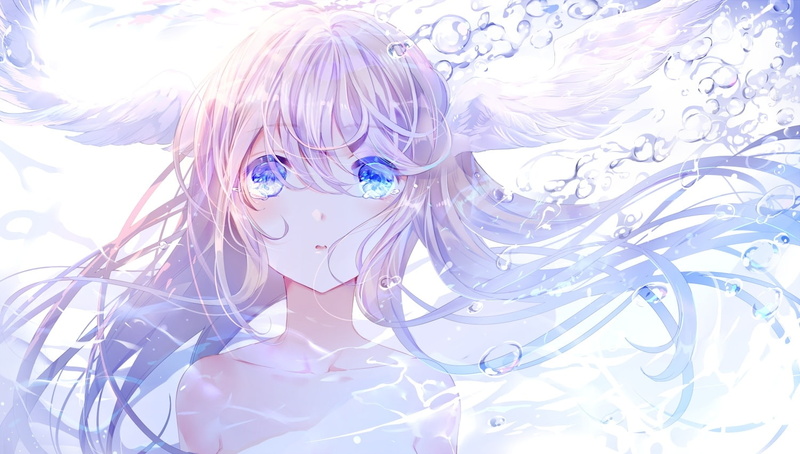 one person, human hair, digital composite, underwater, crying, looking at camera, nature, close-up, representation, hair, tears, Anime, water, character