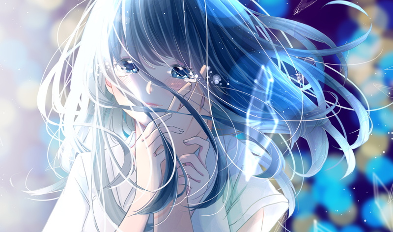 2K, Anime, blue, reflection, technology, anime girl, complexity, nature, headshot, close-up, hands, tears, portrait, celebration, hair, crying, romance