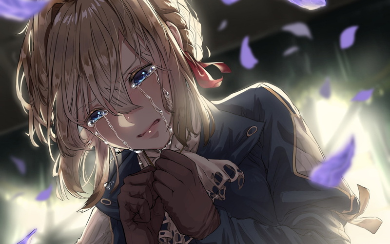 Violet Evergarden, tears, girl, petals, 1080P