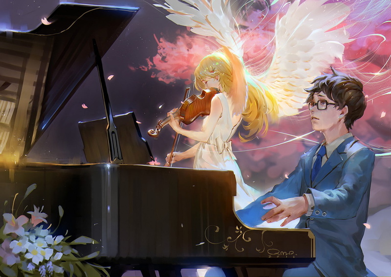 wings, musical instrument, Miyazono Kaori, Arima Kousei, piano, anime, Shigatsu wa Kimi no Uso, violin, 720P