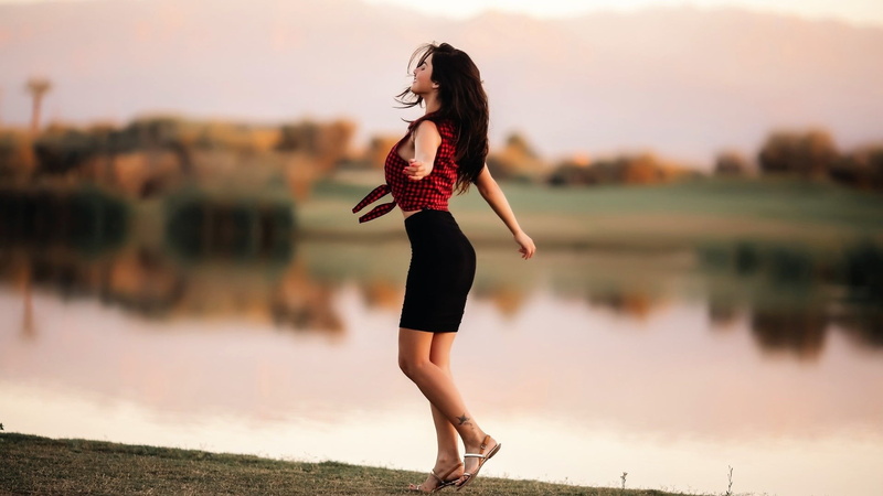 skirt, full length, dancing, hair, reflection, beautiful woman, happiness, closed eyes, fashion, checkered, shirt, happy, model, brunette, sleeveless, portrait