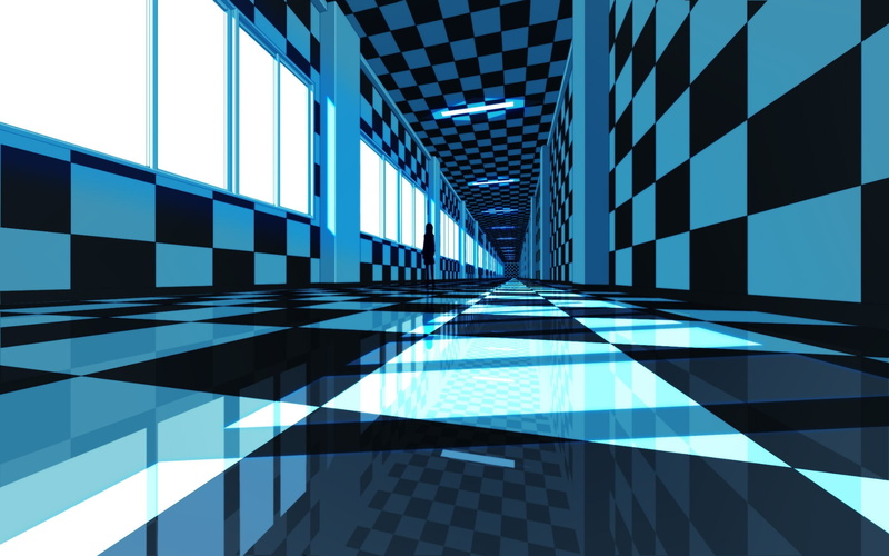 tunnel, CGI, hallway, anime, checkered, 1080P, blue, reflection, building, school