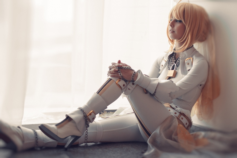 sitting, 5K, leather clothing, boots, Disharmonica, blonde, suits, Helly von Valentine, Saber Bride, cosplay, blue eyes, long hair, leather boots